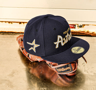 Eight One New Era Astros 90's Navy & Gold Script